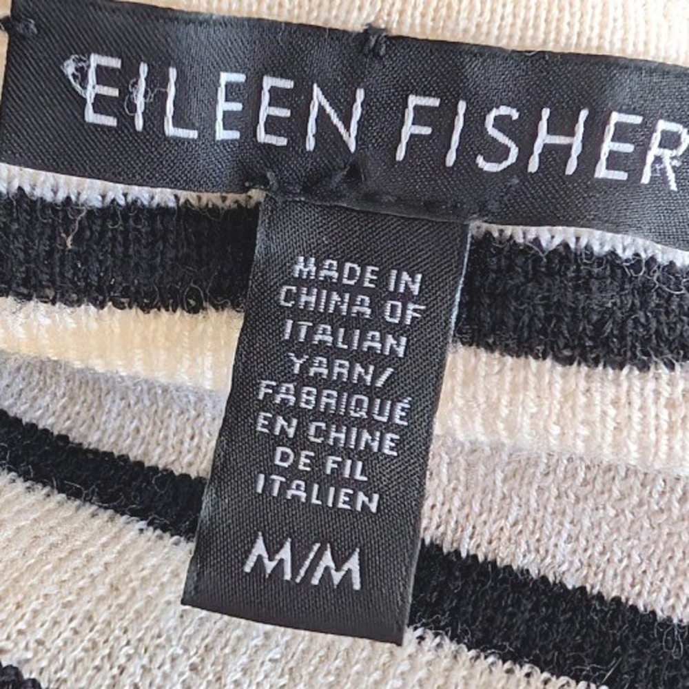 Eileen Fisher Merino Wool Striped Sweater Ivory Black Crew Neck Size Medium - Picture 5 of 6